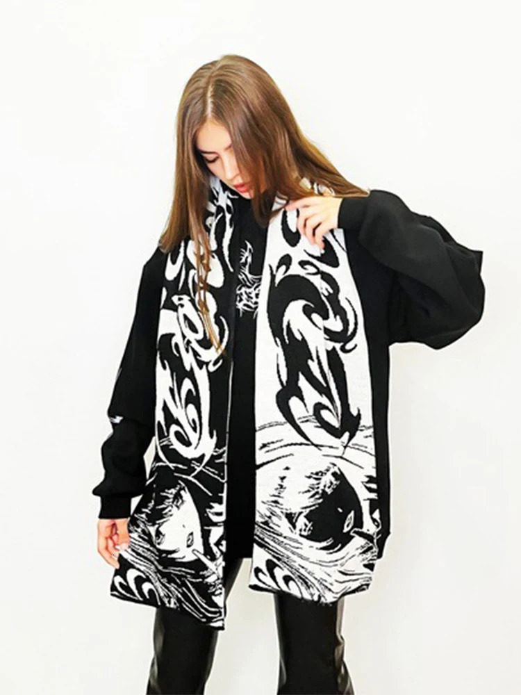 Korean Autumn Winter Dark Anime Jacquard Fashion Scarf Shawl Knitted Scarf Men Women Y2K Clothing decoration 250120