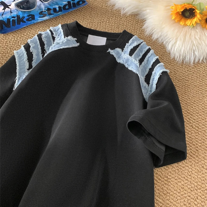 Mens Street Tshirt Cowboy Patchwork Fashion T-shirt White Black Tee Shirts Vintage Couple Short Sleeve Tops Y2k Clothes 250117
