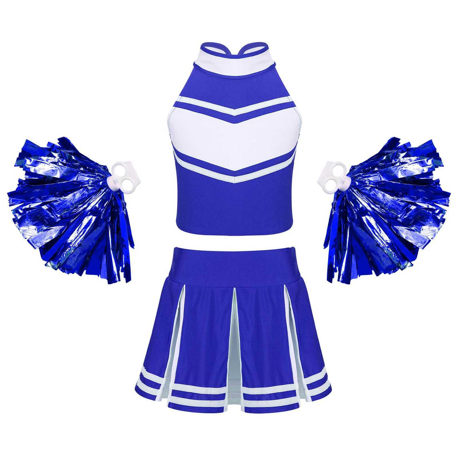 Kids Girls Cheerleading Costume Cheering Team Dance Outfits Tops Pleated Skirt Tassel Flower Ball Set Child Cheerleader UniformsW250121