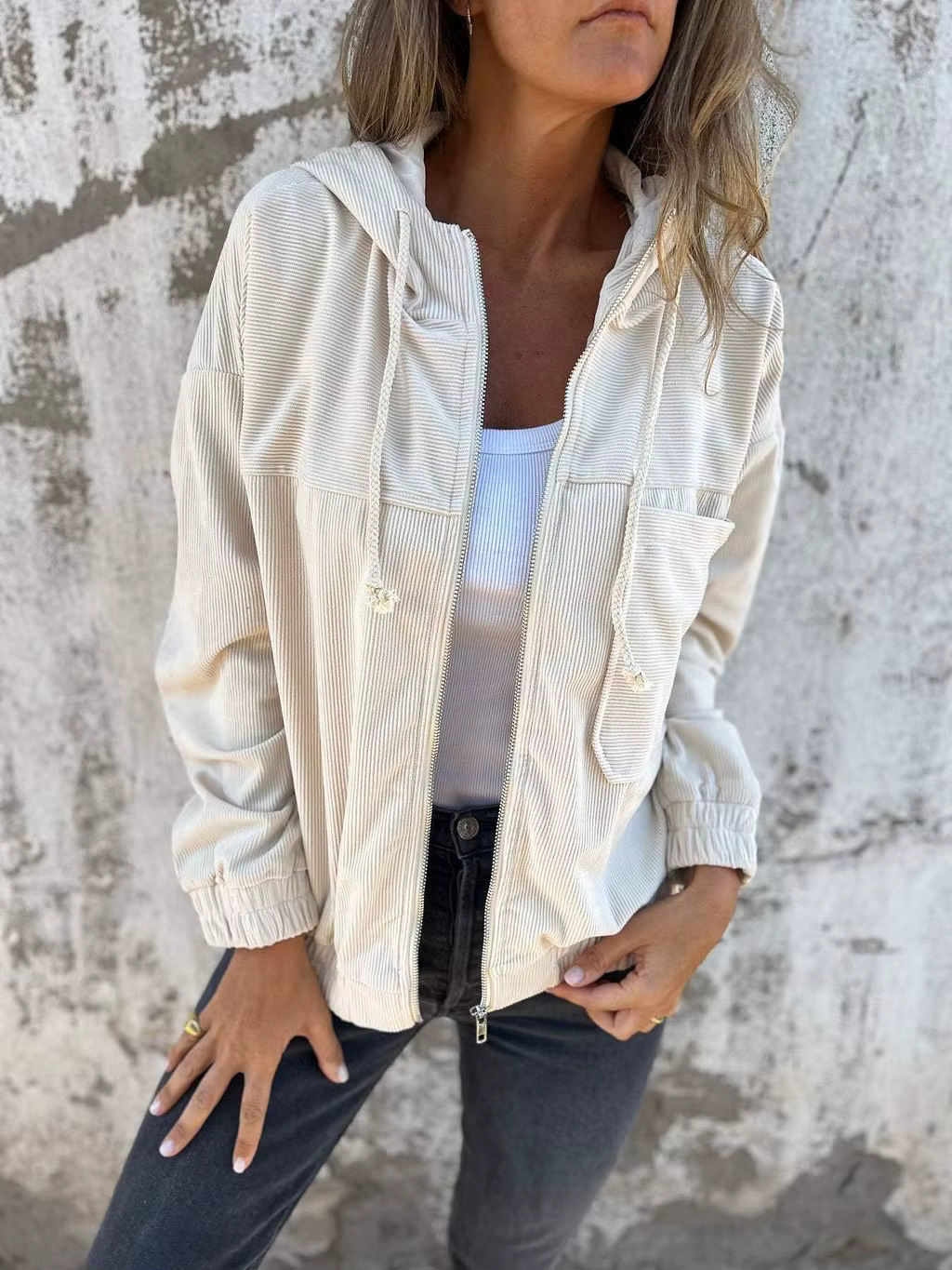 Autumn New Solid Color Jacket Coat Women's Simple Style Corduroy Hooded Coats Women Fashion Pocket Long Sleeve Casual Jackets