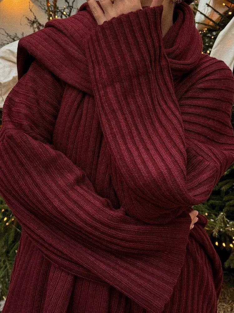 Elegant Loose Lady Burgundy Knit Pullover Pants Suits Fashion Scarf Collar Sweater Straight Set Spring Street Outfits 250113