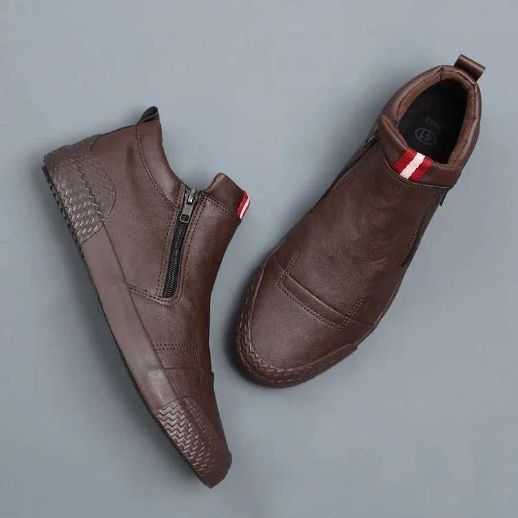 New Men Leather Casual Shoes Spring Autumn Fi Double Zipper Trend High Tops Flat Shoes Cool Loafers Man Winter BootsXJ250118