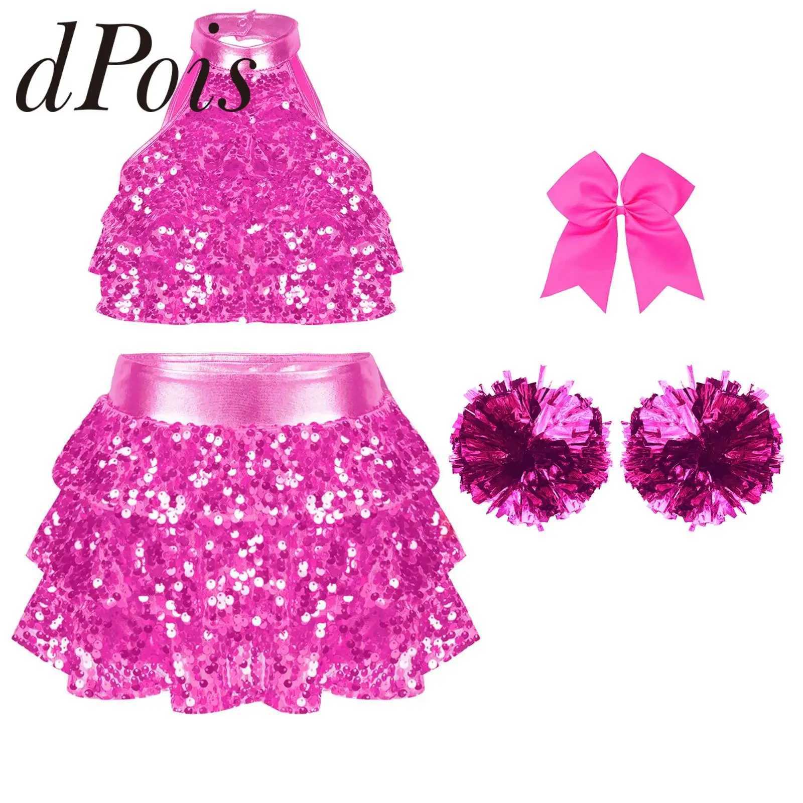 Kids Girls Jazz Dance Outfits Cheerleading Costume Childrens Dancewear Set Shiny Sequins Tiered Crop Top with Ruffled CulottesW250121