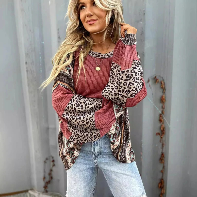 Womens Casual Shirt with Contrasting Stripes Round Neck and Loose Sleeves Womens Hoodie 250107