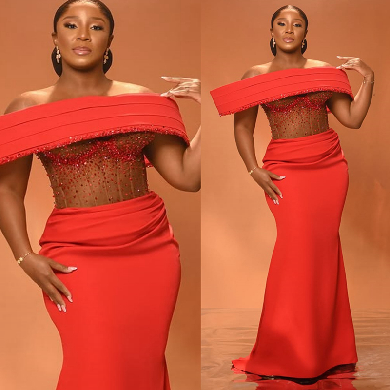 2025 Plus Size Red Aso Ebi Prom Dresses For Occasions Mermaid Evening Gowns For Black Women Illusion Sheer Neck Beaded Birthday Dress Second Reception
