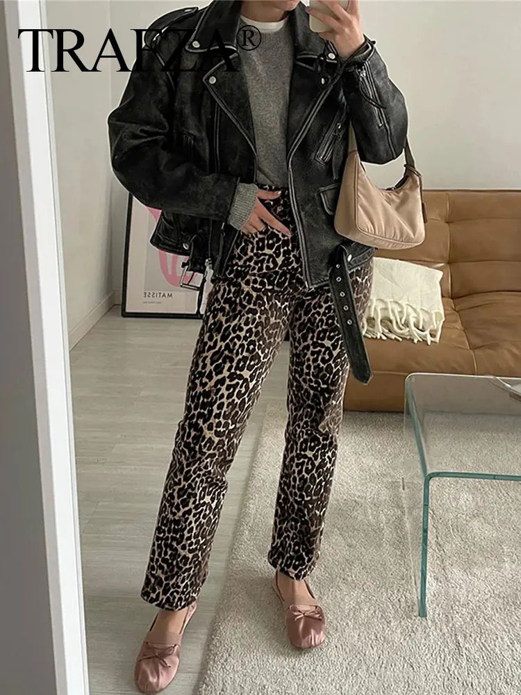 TRAFZA Woman Leopard Print Trouser High Waist Loose Zipper Fly Female Long Pants Vintage Streetwear Womens Wide Leg Pant 250117