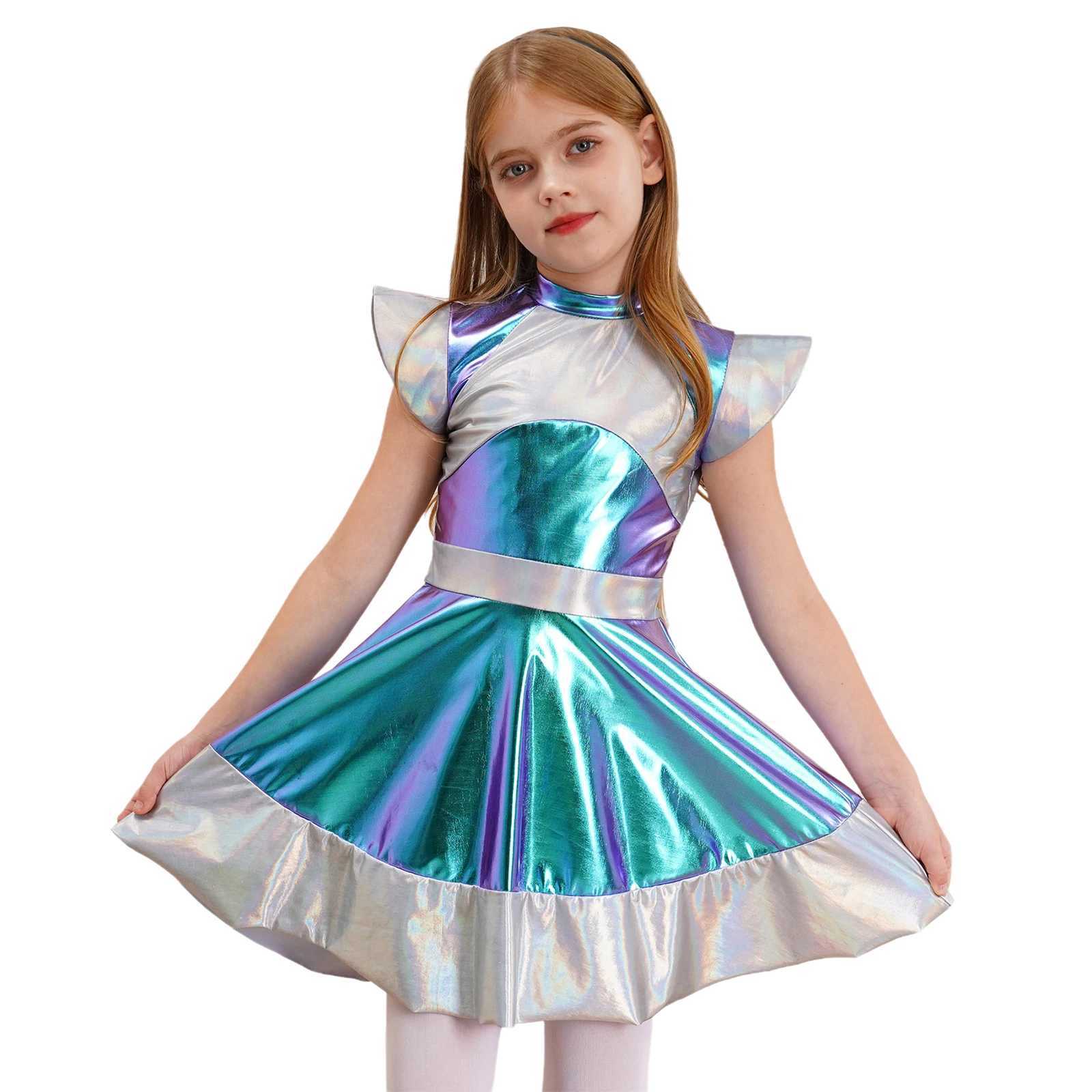 Shining alien girl outdoor space Halloween role-playing costume flyer sleeve gradient line picture Future world party dance dress W250117