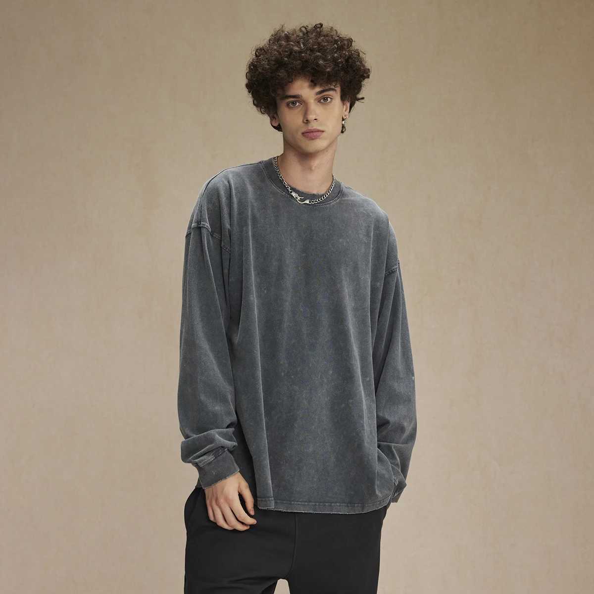 275g heavy-duty hip-hop Trbottomyy brand high street loose oversized washed old round neck long sleeved T-shirt spring and summer mens bottom shirt W2