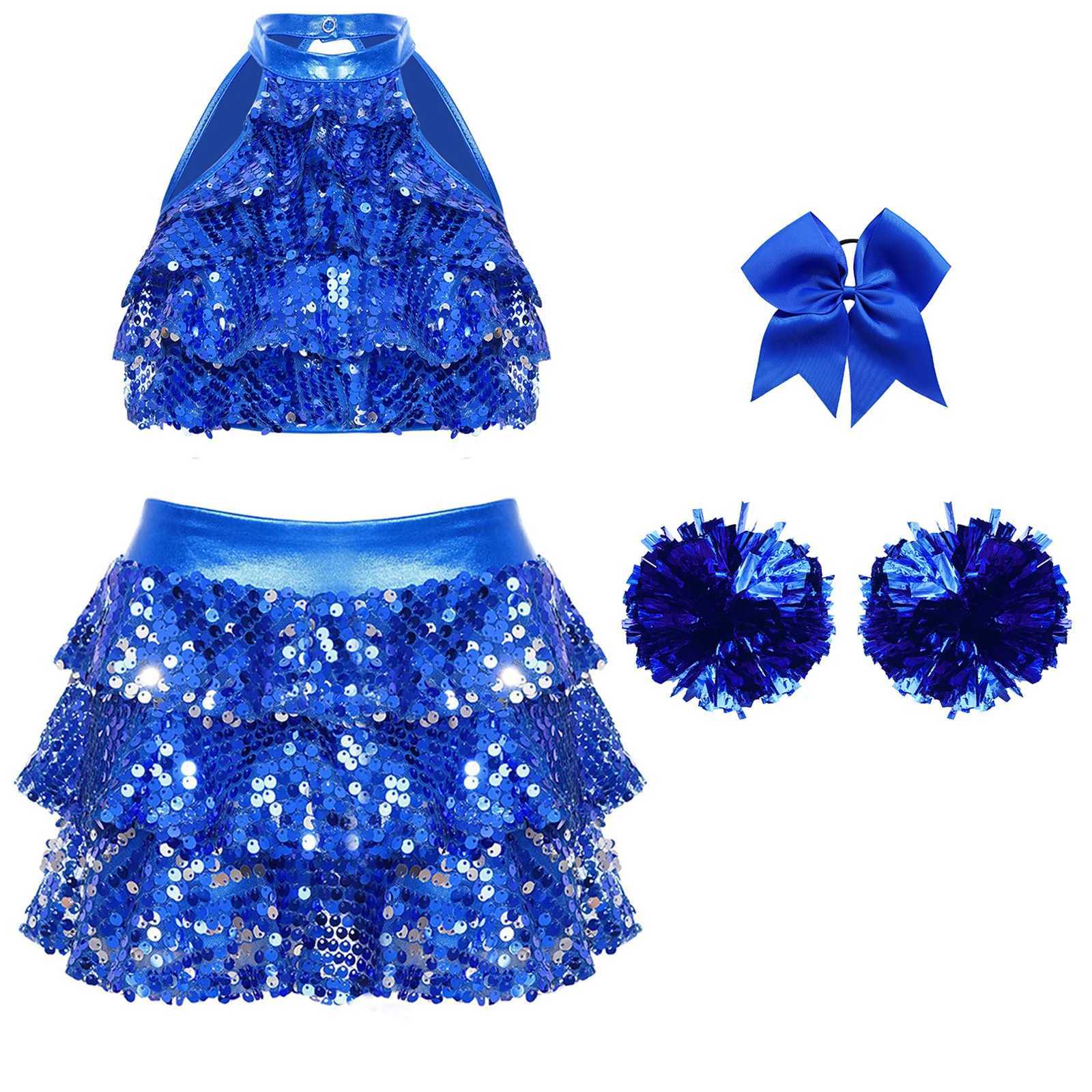 Kids Girls Jazz Dance Outfits Cheerleading Costume Childrens Dancewear Set Shiny Sequins Tiered Crop Top with Ruffled CulottesW250121
