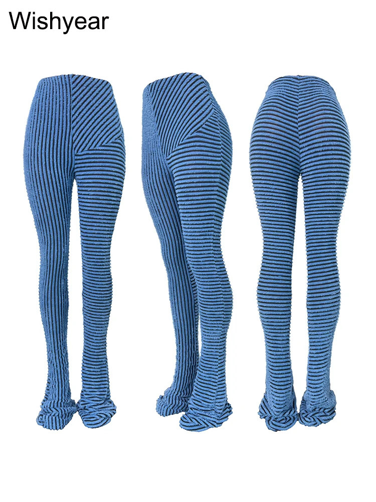 Fashion Blue Stripe Plush Stacked Pants Women Sale High Strecth Slim Sports Flare Trousers Fall Y2K Female Streetwear Sweatpants 250122