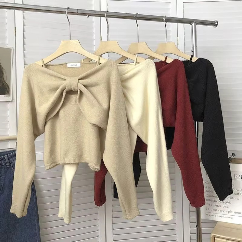 Sweet Bow Long Sleeve Sweater + Slim Fit Simple Knitted Tank Tops Women Autumn Winter 2024 New Korean Chic Two Piece Set