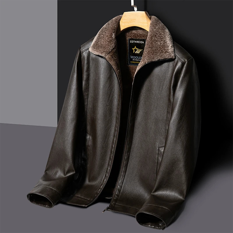 YN-2365 Autumn/Winter Mens Natural Leather Jacket Thickened Fur Integrated Business Casual Top Black Coffee Middle Aged Youth 250120