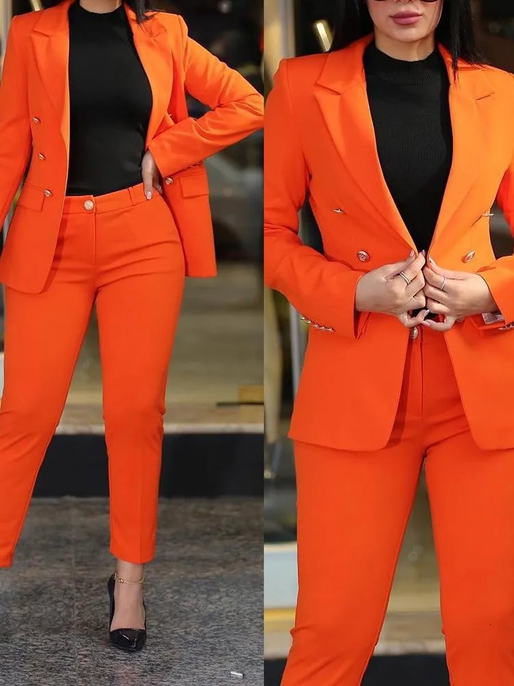 Elegant office womens two-piece autumn and winter womens fashionable notch collar long sleeved jacket and high waisted work pants set 250118