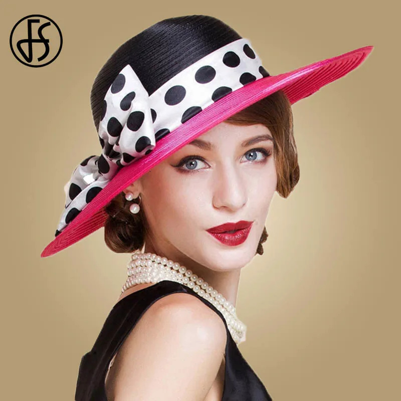 FS Elegant Women Wide Brim Rose Black Patchwork Polka Dots Kentucky Hat For Wedding Party Big Bowknot Fedora Beach Cap 250118