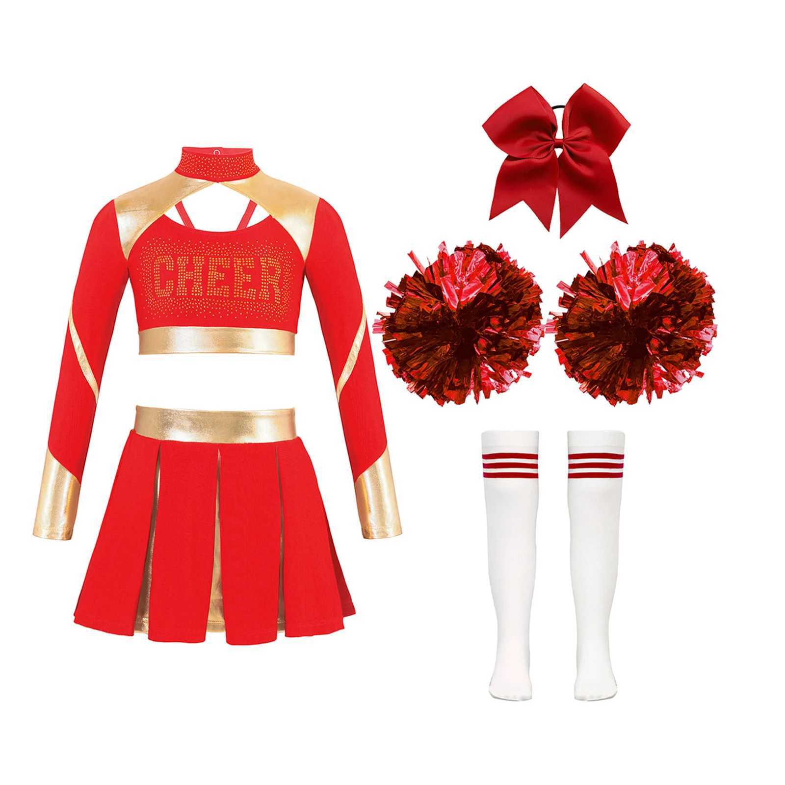 Kids Girls Cheerlead Costume Sets Cheerleader Cheerleading Outfit Crop Top Pleated Skirt Striped Stockings Flower Balls SuitsW250121