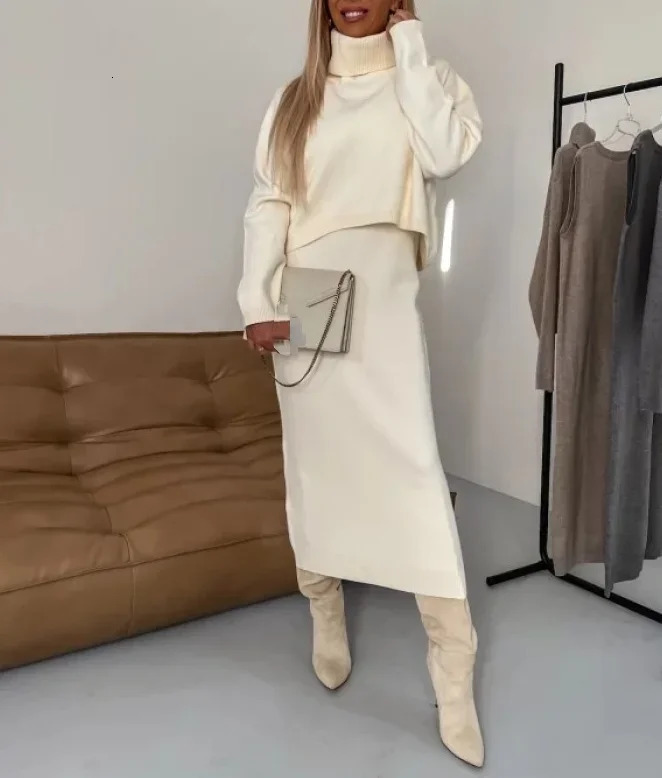 Two-Piece Sets Womens Warm Turtleneck Knitted Elegant Long Sleeve Sweater Pullover Wrap Hip Knit Buttocks Midi Dress Outfits 250122
