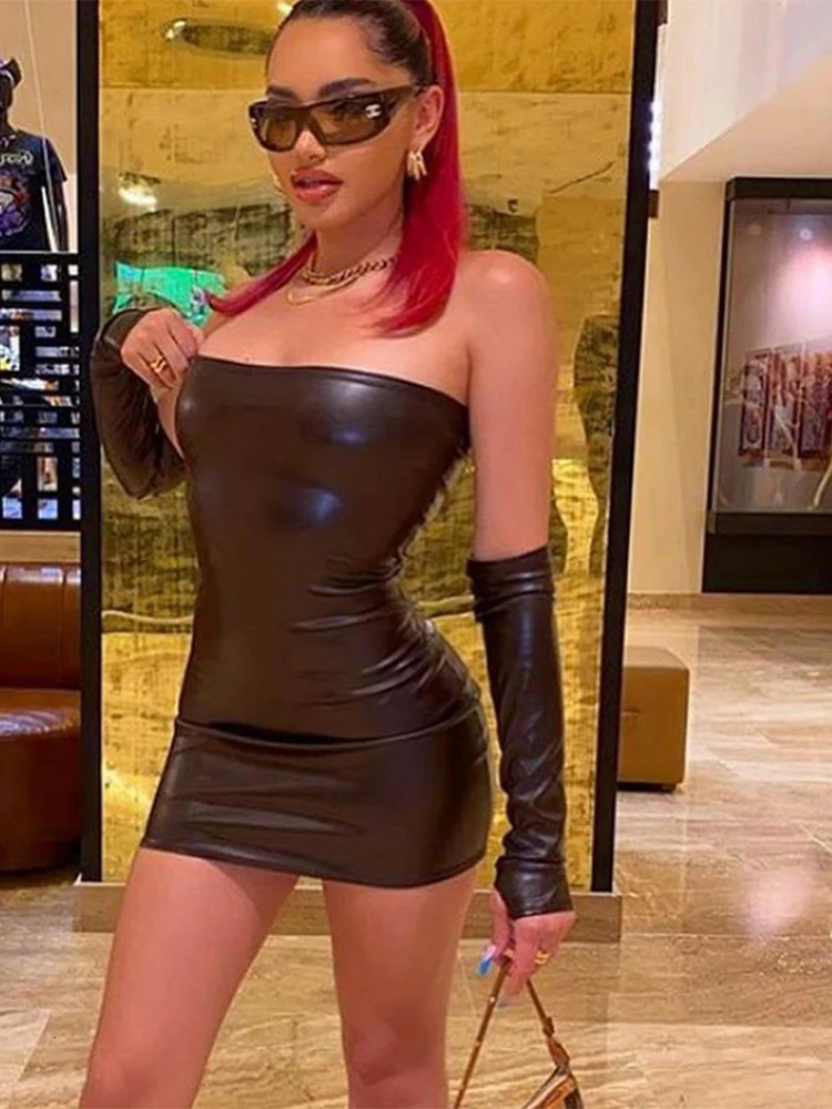 Leather With Gloves Party Dress Womens Backless Sexy Low Cut Clubwear Skinny 2024 Black Bodycon Mini Dresses Female 250113