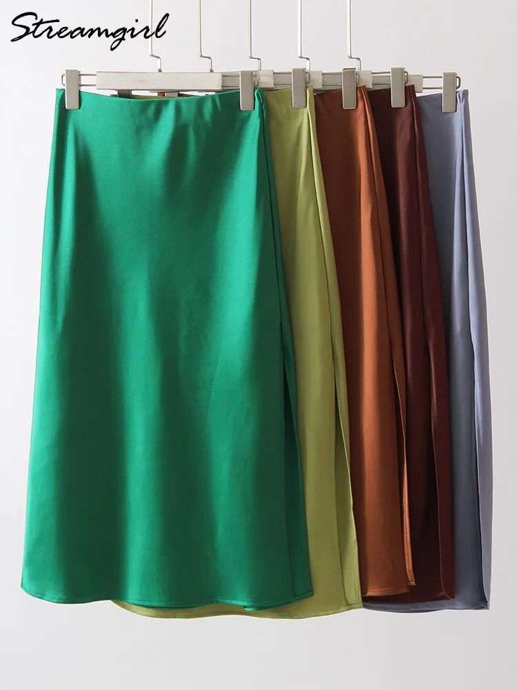 Streamgirl Satin Slit Skirts For Women Midi Spring A Line Solid Green Skirts Formal Lady Office Womens Midi Skirts 250117