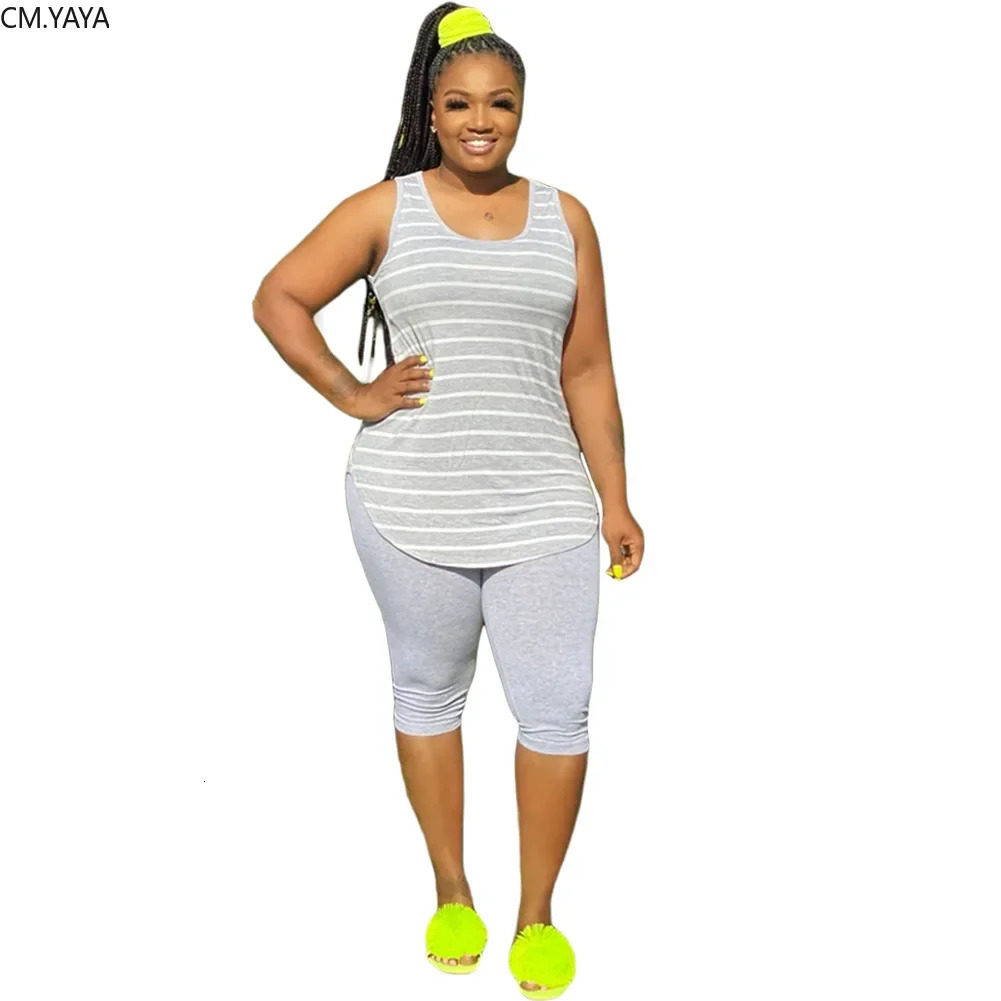 CMYAYA Women Plus Size XL5XL Sport two piece set Tracksuit Striped Tank Tops Knee Length jogger Suit Sweatpants Matching Set 250122