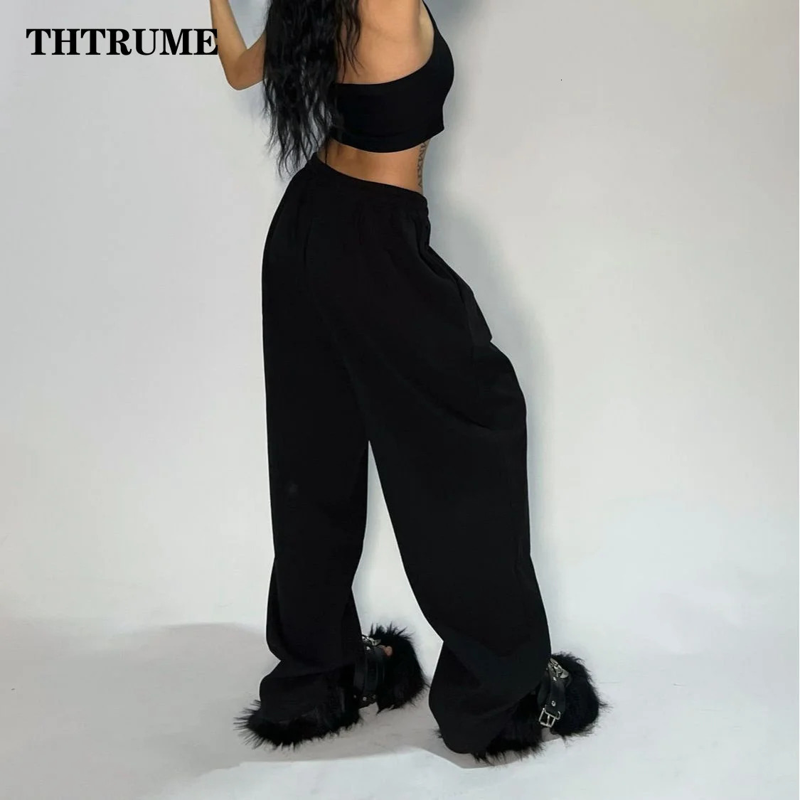 Casual Women Solid Pant Fashion Summer Oversized Vintage Pocket Drawstring Wide Leg Pants Elegant Loose Baggy Chic Trousers 250122