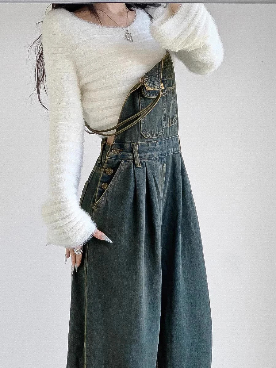REDDACHiC 90s Retro Green Wash Women Jumpsuit Pleated Pocket Bib Pants Wide Leg Denim Overalls Loose Casual Y2k Dungaree Rompers 250122