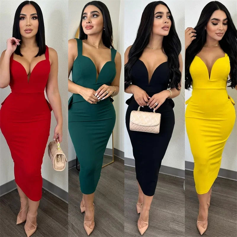 Sexy Plunging V-neck Backless Bowknot Ruffles Bodycon Midi Dresses for Women Party Night Elegant Club Celebrity Prom Dress Robes 250206