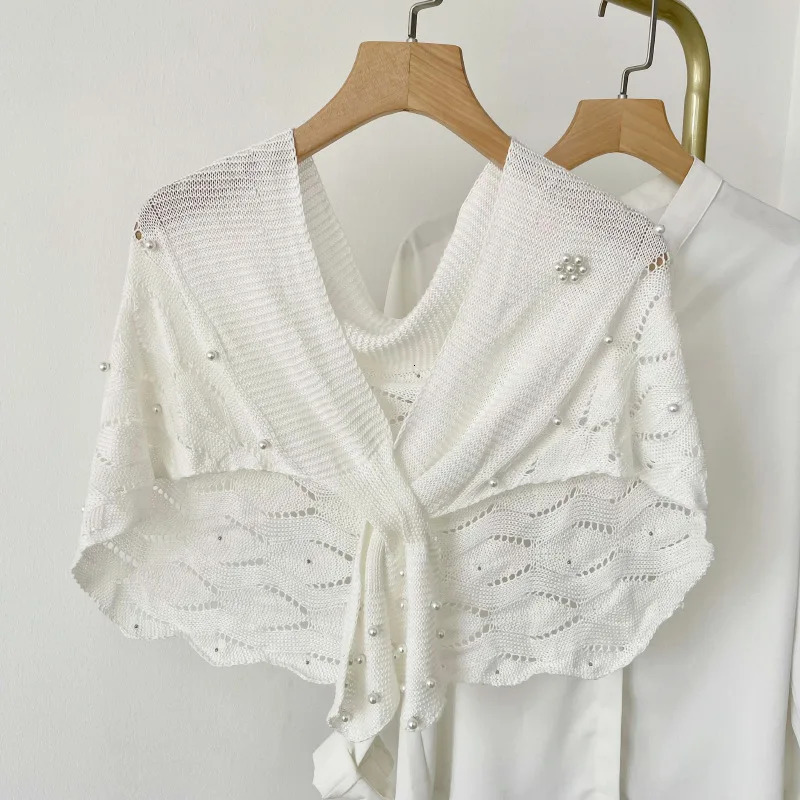 Woman Knitting Shawl Bride Elegant Hollow Out Pearl Decorated Shawls Solid Color Collar Scarf Ladies Casual Stole Poncho 250121