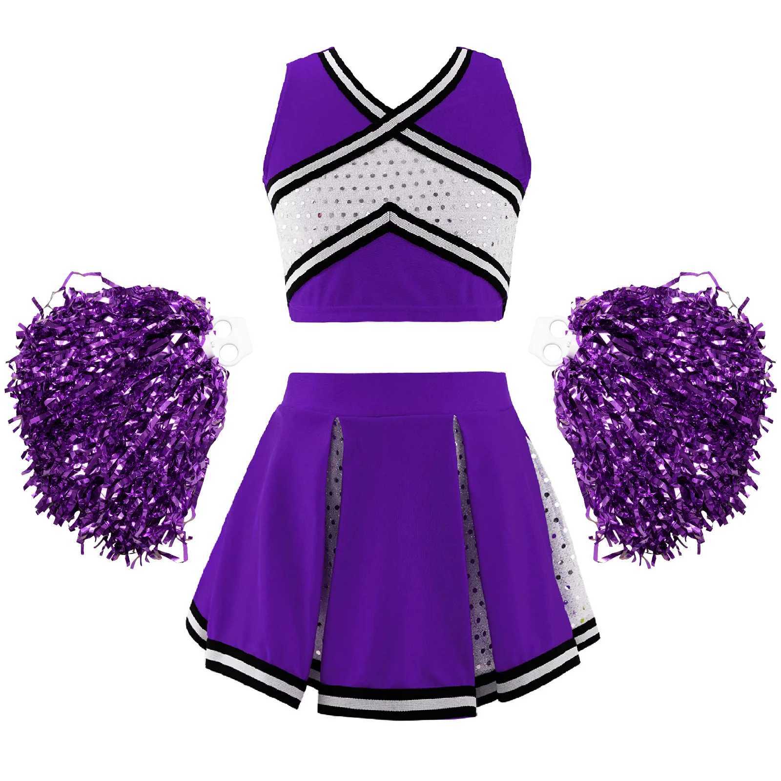 Kids Girls Cheerleading Uniform Dance Costume Striped Front V Neckline Top with Pleated Skirt and 2Pcs Flower Balls OutfitW250121