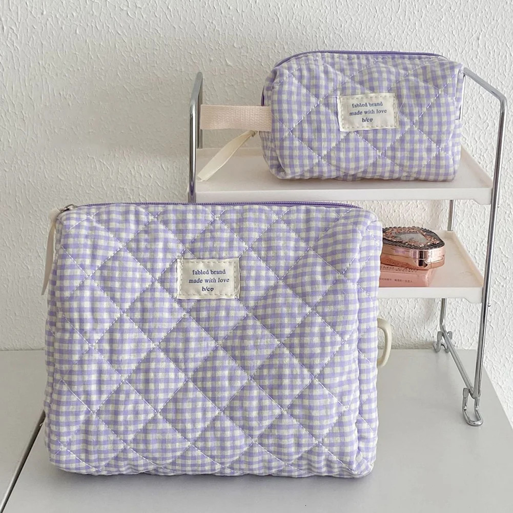 Women Plaid Makeup Bag Travel Cosmetic Bag Fashion Cotton Checkered Makeup Bag Cute Brushes Storage Pouch Bag Large Toiletry Bag250114