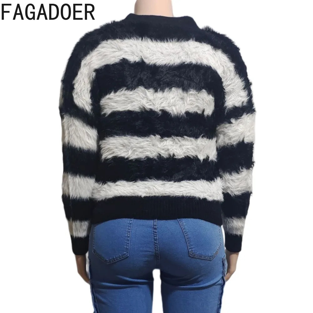 FAGADOER black and white striped printed casual knitted top for women V-neck button up long sleeved cardigan spring ultra-thin streetwear 250122