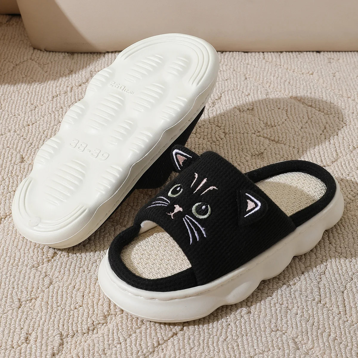 Kidmi Cute kitty Women Slippers Fashion Breathable Indoor House Sweatabsorbing Linen Antiskid Casual 250117
