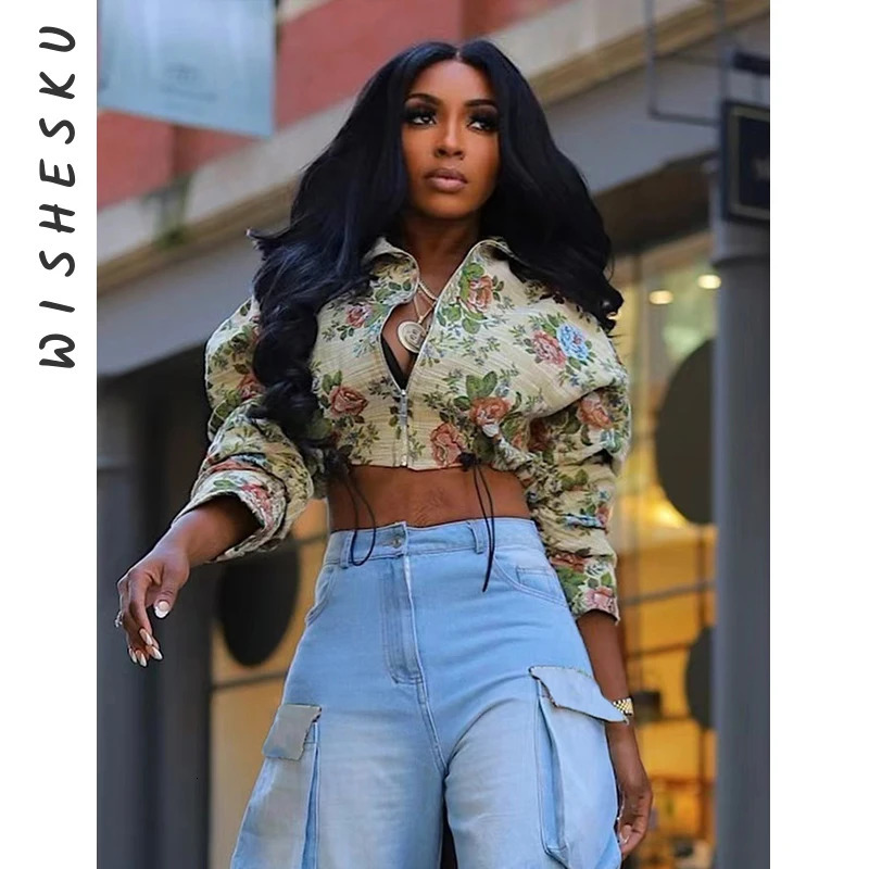 Womens Vintage Floral Embroidery Cropped Jackets Lapel Long Sleeve Zipper Drawstring Casual Coats Spring Fall Y2K Clothes 250118