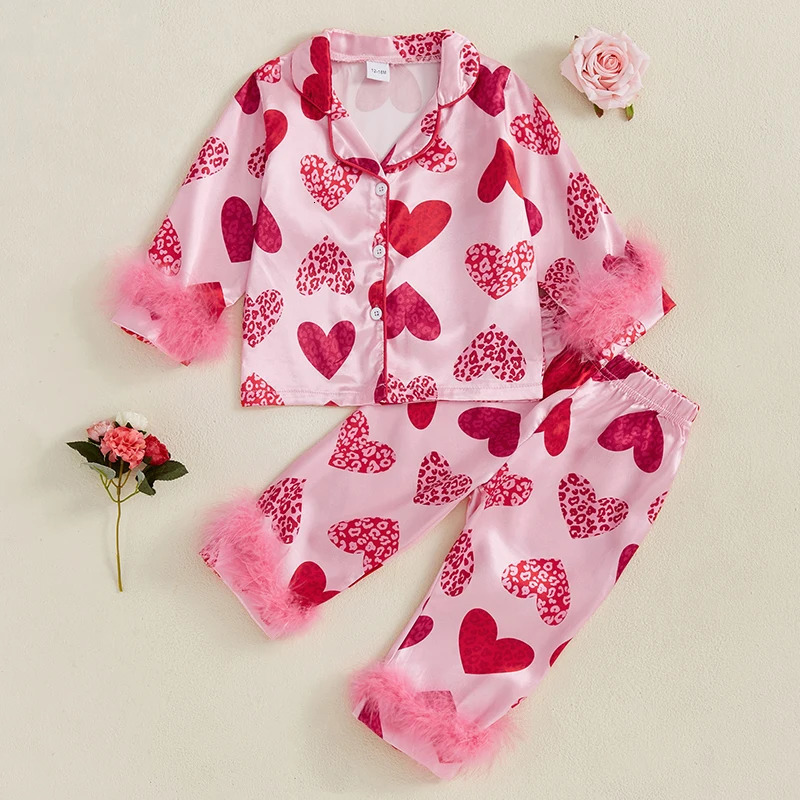 Valentines Day Children Kids Girls Pajama Sets Heart Print Feather Long Sleeve Button Shirts Elastic Waist Long Pants Outfits 250121