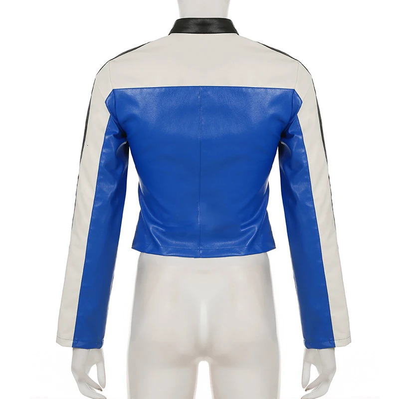 BKQU Motorcycle Zipper Leather Jacket Women Fashion Contrast Color Print Long Sleeve Crop Coats Autumn Winter Y2K Streetwear 250118