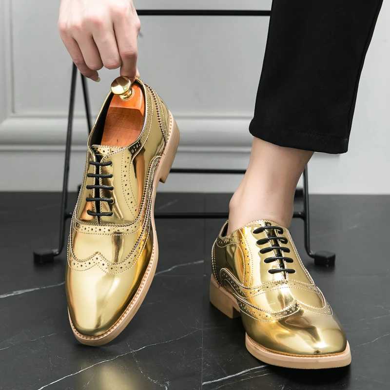 Mens Shoe Gold Patent Leather Luxury Fi Groom Dress Wedding Shoes for Men Designer Italian Style Oxford Shoes Free ShippingXJ250118