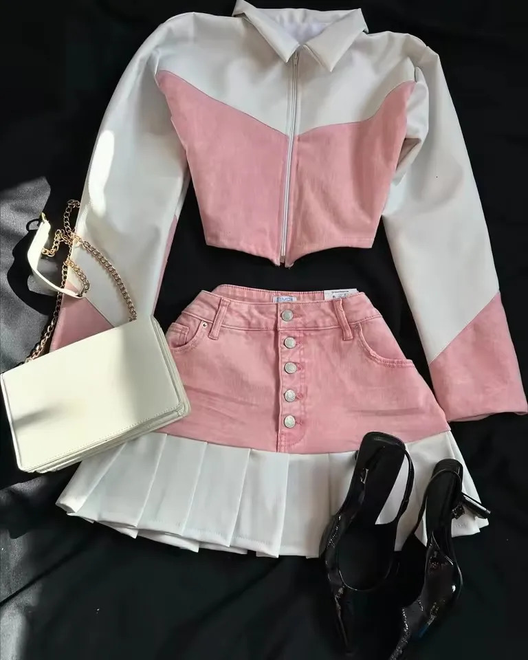 Womens Harajuku Gothic Leather Patchwork Denim Two Piece Set Girl Clothes Color Block Zip Jacket Mini Skirt 250122