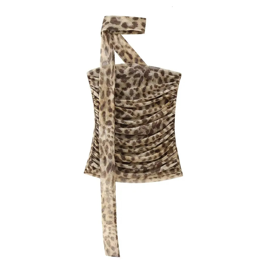 Zevity Women Fashion Strapless Leopard Pleated Halter Blouse Female Backless Slim Mesh Shirts Blusas Chic Cropped Tops LS336 250121