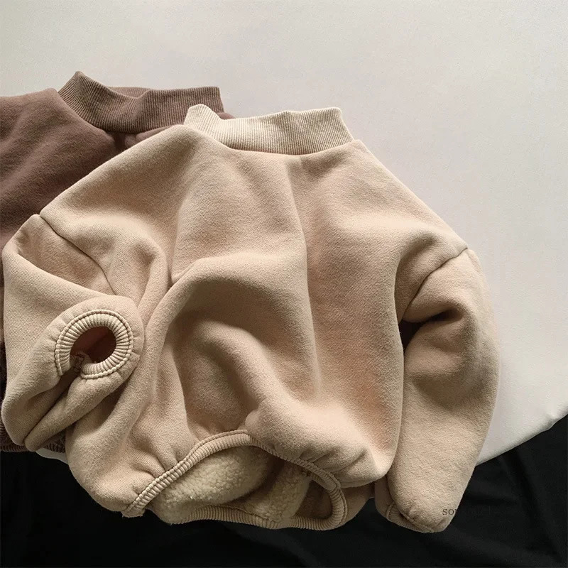 Winter Baby Fleece Sweatshirt Boys Girls Solid Warm Pullover Plus Velvet Thick Toddler Casual Versatile Tops Kids Clothes 250121