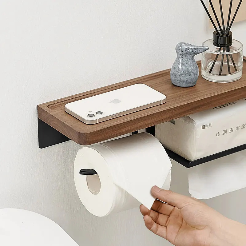 Toilet Paper Holder with Black Walnut Shelf for BathroomWall Mounted Toilet Paper Tissue Holder Double Roll BlackPhone Rack Wc 250115