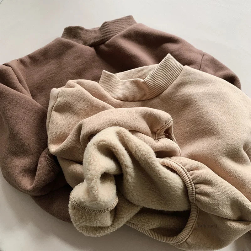 Winter Baby Fleece Sweatshirt Boys Girls Solid Warm Pullover Plus Velvet Thick Toddler Casual Versatile Tops Kids Clothes 250121