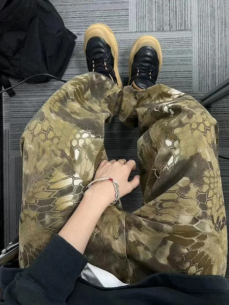 Snake Print Camouflage Pants for Men Wide Leg Jeans Demin Trousers Male Streetwear Hip Hop Vintage Clothes Casual 250109