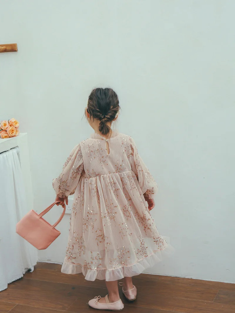 deer jonmi Spring Baby Girls Pink Princess Dresses Sequins Puff Sleeve Ball Gown Children Birthday Party Dress 250120