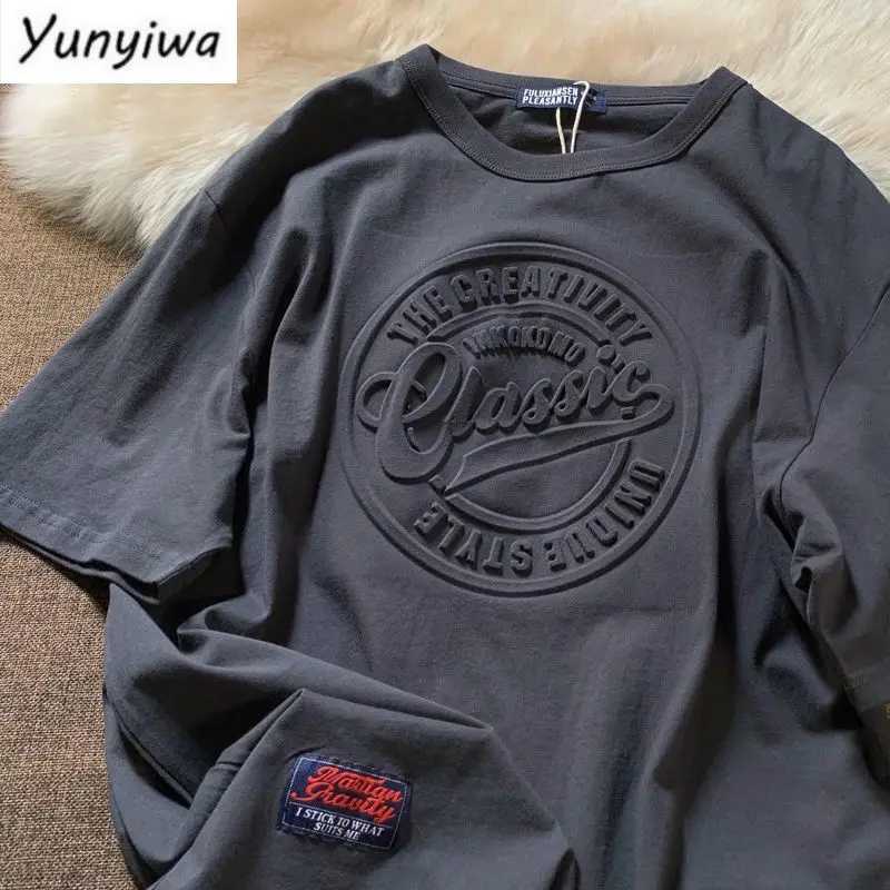 American Vintage Embossed Letter T-shirt Men Womens Summer Oversize Streetwear Unisex Cityboy Casual Short Sleeve O-Neck Top W250117
