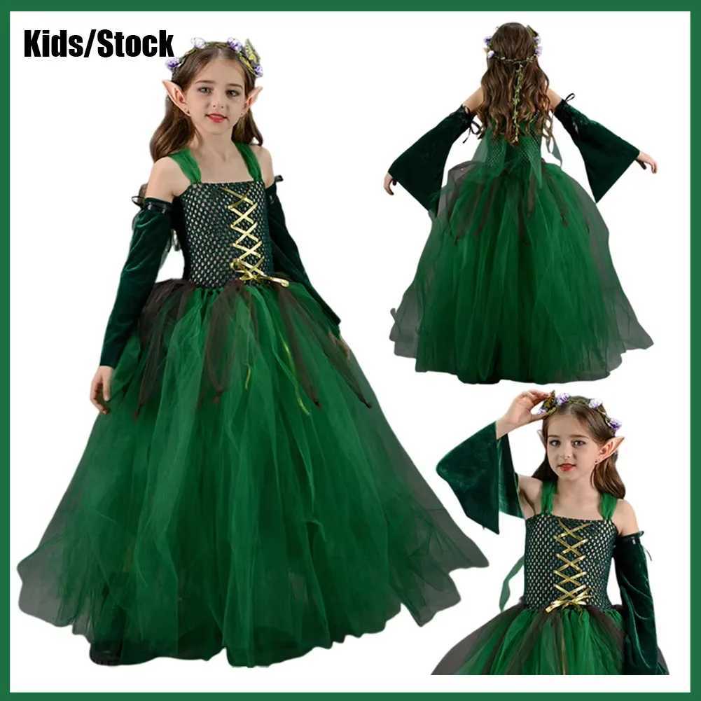 Kids Girls Elf Cosplay Tutu Dance Skirts Costume Children Roleplay Dress Up Performance Stage Dress Elf Earrings Halloween Cloth W250117