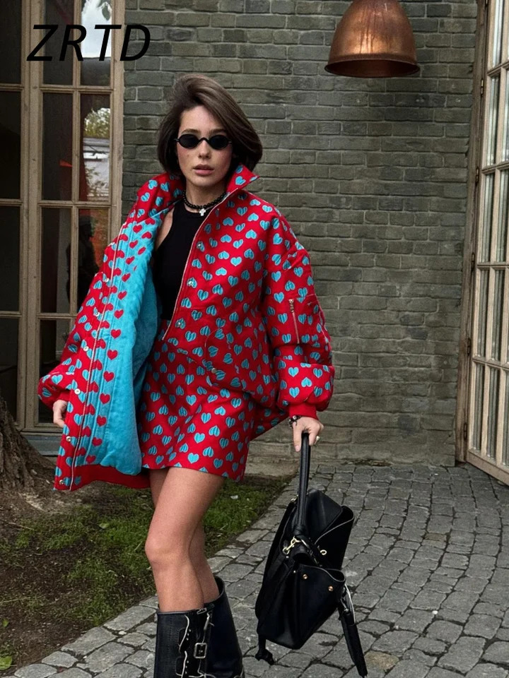 Oversize Heart Printed Jacket Mini Skirt Sets Women Loose Stand Collar Zipper Pockets Jackets Short Skirts 2024 Lady Y2k Outfits 250113