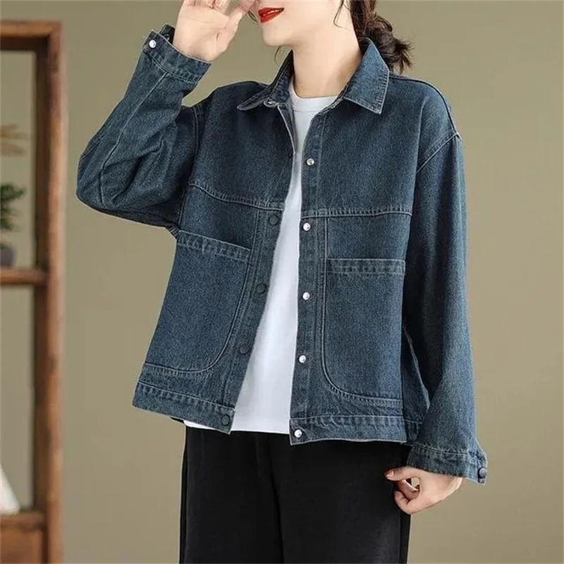2024 Autumn Women Denim Jacket Retro Long Sleeve Jeans Female Loose Casual Coat Outwear Overwear 250113