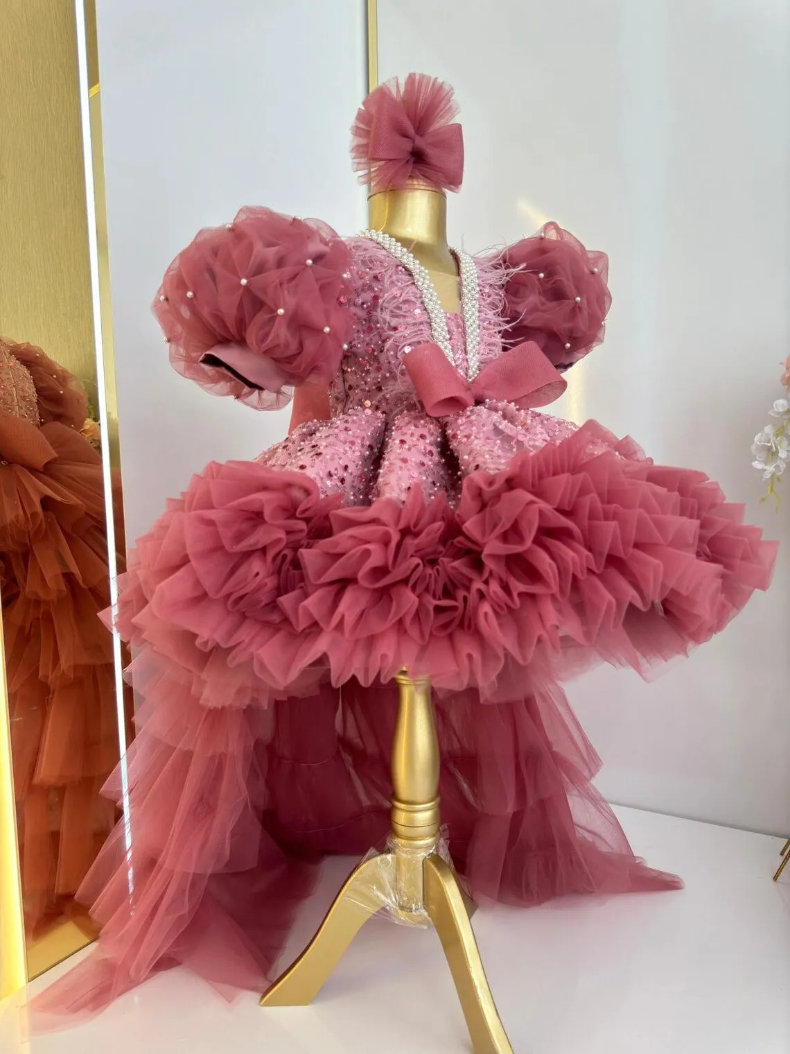 Dusty Pink Birthday Princess Feather Tulle Pageant Dress Glitter Flower Girl Dress Party Bow Formal Prom Gowns with Long Train 250120