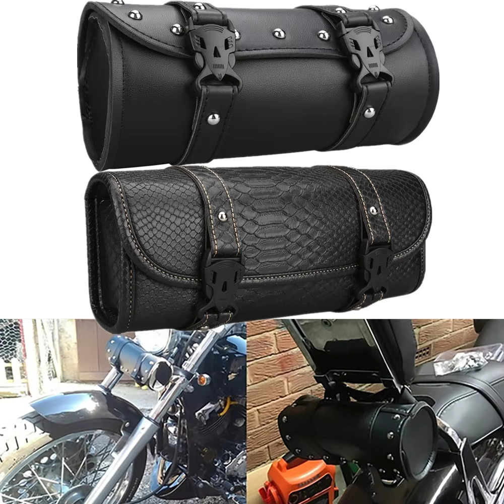 Motorcycle Front Fork Tool Faux Leather Universal Handlebar Roll Bag Waterproof Fit For Harley Sportster Kawasaki Yamaha