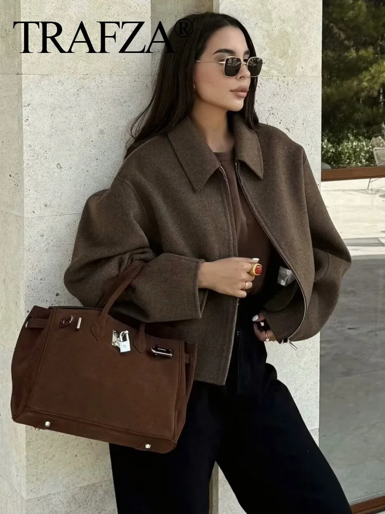 TRAFZA Womens Solid Colour Zip Tweed Jacket Fashion Female Loose Lapel Warm Street Jackets Simple Top Coat 250122