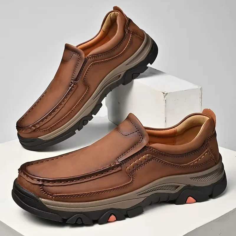 Senior Brand Male Hiking Footwear Genuine Leather Male Loafers Thick Bottom Business Shoes Slip- Leather Mens Casual ShoesXJ250118